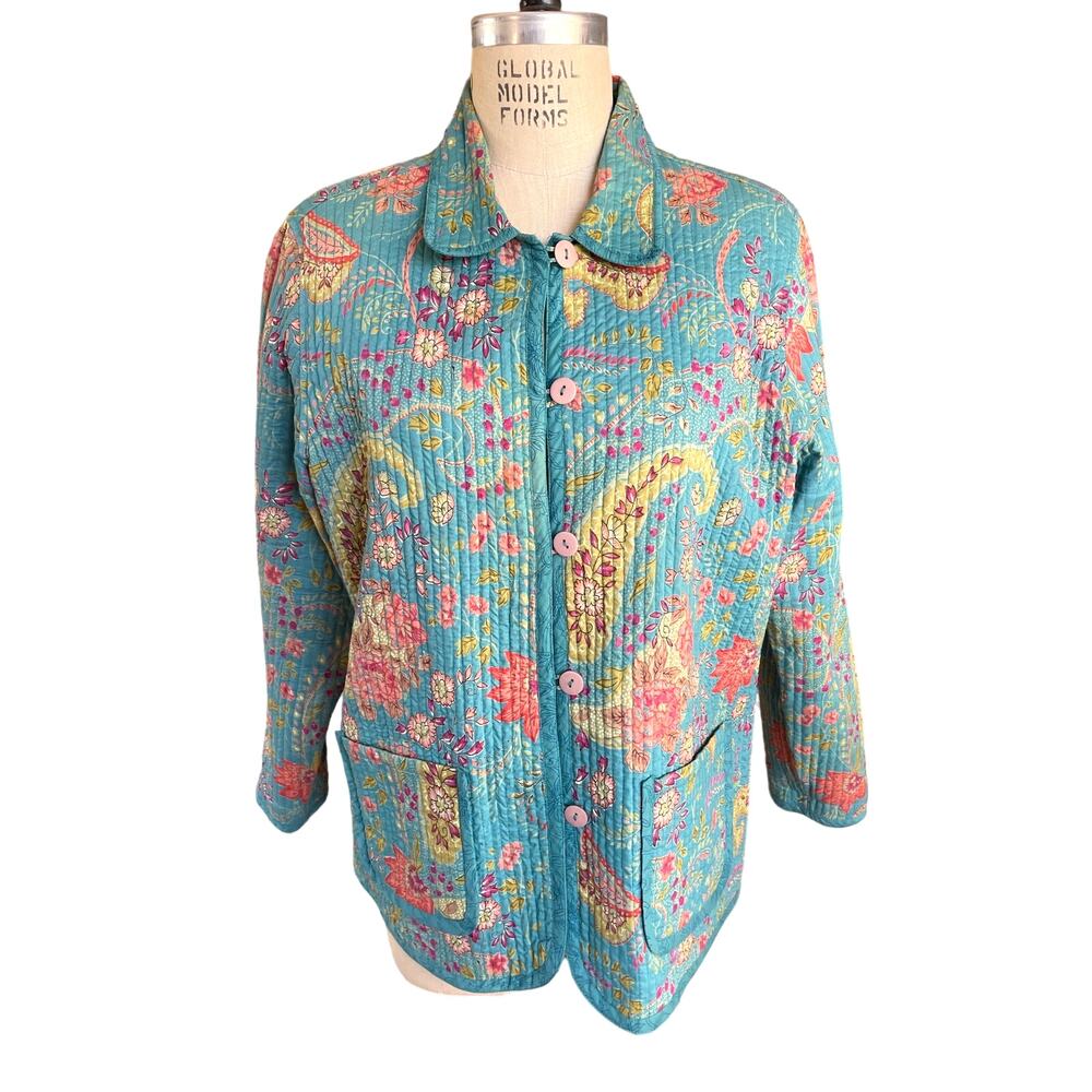 Appleseeds Reversible Teal Blue Floral Quilted Jacket Size 0X